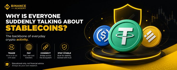 A Binance Academy promotional banner titled 'WHY IS EVERYONE SUDDENLY TALKING ABOUT STABLECOINS?' featuring 3D renderings of USDC, Tether, and another stablecoin token.