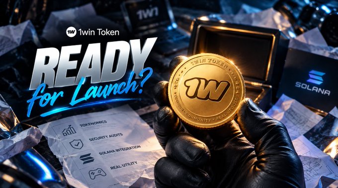 A promotional advertisement for '1win Token' featuring a gold coin with the '1W' logo, with text reading 'READY for Launch?' alongside icons for Tokenomics, Security Audits, Solana Integration, and Real Utility.