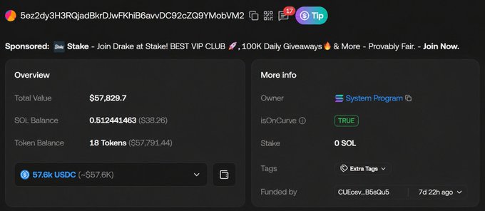 A blockchain explorer interface displays details for a Solana wallet address beginning '5ez2dy3H3R...'. The overview shows Total Value $57,829.7, SOL Balance 0.512441463 ($38.26), 18 Tokens ($57,791.44), and 57.6k USDC, with isOnCurve marked TRUE.