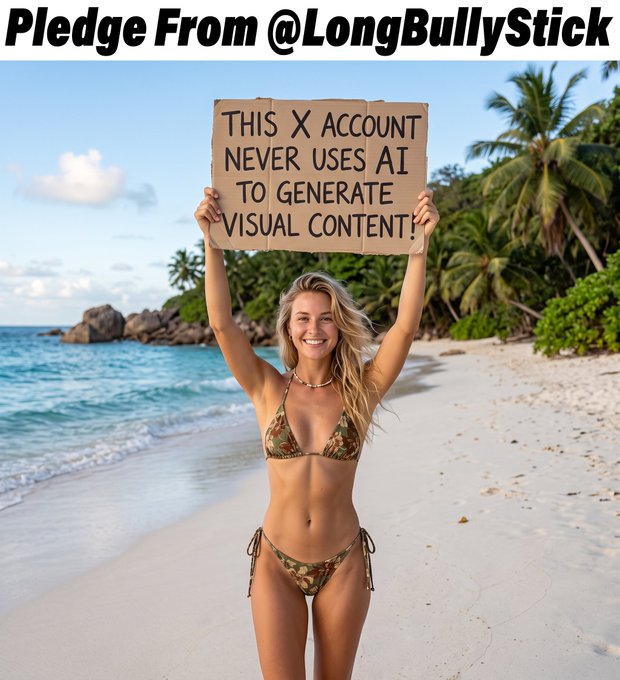 A woman in a camouflage bikini holding a cardboard sign on a tropical beach reading 'THIS X ACCOUNT NEVER USES AI TO GENERATE VISUAL CONTENT!', with header text 'Pledge From @LongBullyStick'.
