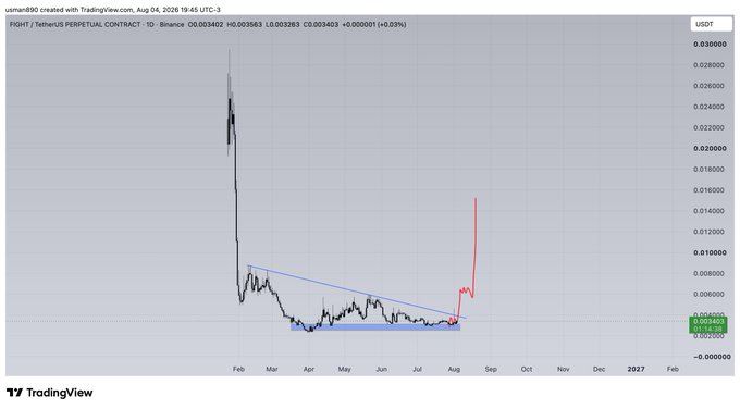 This is a TradingView chart showing the FIGHT/TetherUS perpetual contract, with a significant price surge indicated in red following a period of consolidation. The post "$FIGHT" likely refers to this cryptocurrency and its recent price action.
