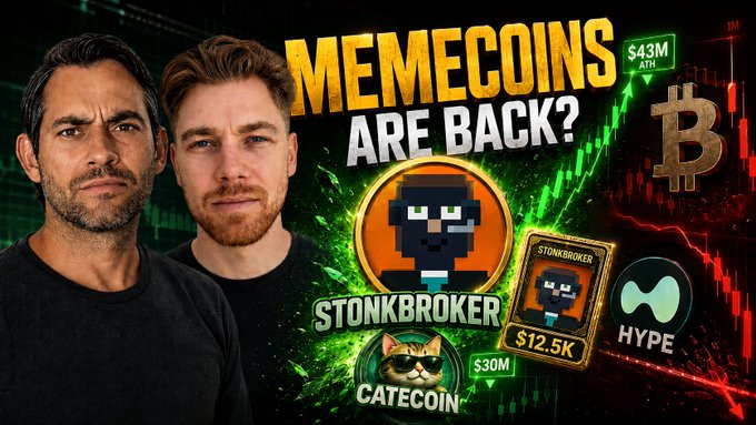 A YouTube thumbnail titled 'MEMECOINS ARE BACK?' featuring two men alongside crypto token logos for STONKBROKER ($43M ATH), CATECOIN ($30M), and HYPE ($12.5K) against a green and red trading chart background.