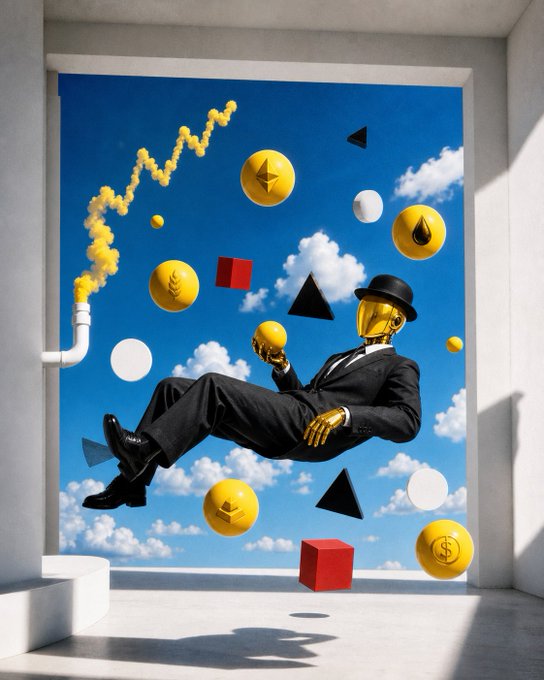 A surreal artwork of a figure in a black suit with a gold face and bowler hat floating among geometric shapes, golden cryptocurrency coins (including Ethereum and dollar signs), and yellow smoke against a blue sky.