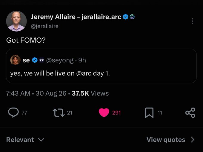 A screenshot of a tweet by Jeremy Allaire (@jerallaire) captioned "Got FOMO?" quoting @seyong's post that confirms Circle's Arc mainnet will be live on day 1. The tweet has 37.5K views, 291 likes, 77 replies, and 21 reposts. The image relates to the accompanying context about upcoming meme launch platforms on the Arc mainnet, suggesting increased interest and anticipation for the network's launch.