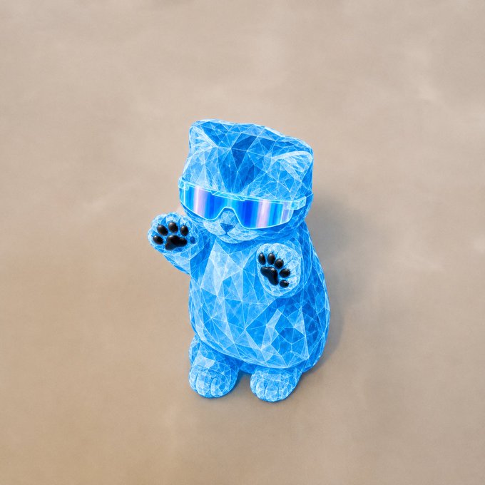 A 3D render of a faceted, light blue bear figurine wearing iridescent sunglasses, standing with one paw raised on a beige background.