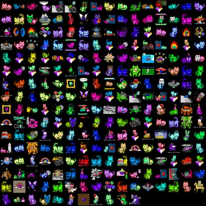 The image features a large collection of cartoon cat illustrations, each with unique colors and designs. The cats are arranged in various positions across the frame, creating an engaging visual experience for viewers. The caption below the image reads "Giant OG crypotart collector since the early days, i'm holding 251 MoonCats !" which highlights the impressive size of this collection and the dedication of its creator to their hobby.