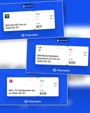 Three Polymarket prediction market screenshots showing betting odds for sports matches: OSC win on 2026-09-13 ($217), Wolverhampton Wanderers FC win on 2026-09-13 ($250), and 1. FC Heidenheim win on 2026-09-13 ($326).