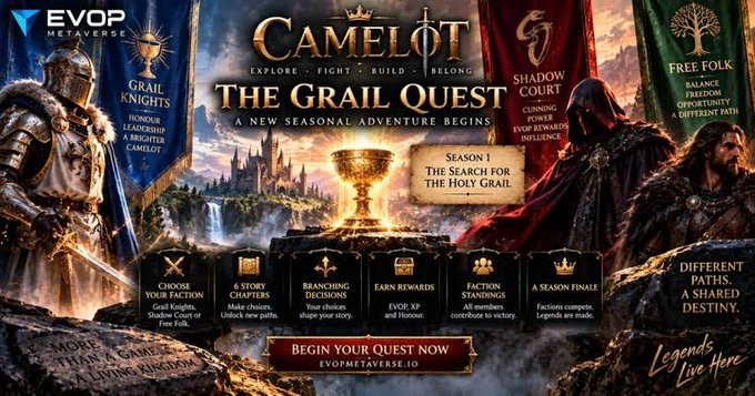 A promotional banner for EVOP Metaverse's 'CAMELOT - THE GRAIL QUEST', highlighting factions like 'Grail Knights', 'Shadow Court', and 'Free Folk' for a new seasonal game, with the tagline 'Legends Live Here' and URL 'EVOPMETAVERSE.IO'.