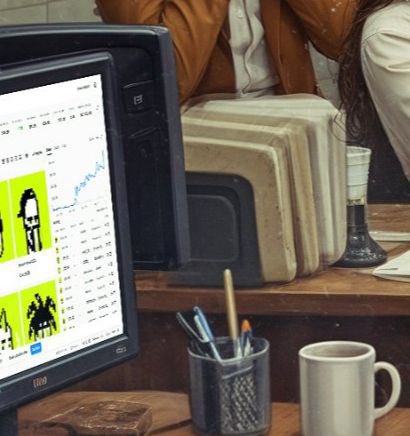 A cluttered desk scene shows an LG monitor displaying a financial chart and a portrait, alongside a pen holder, mug, and incense burner.