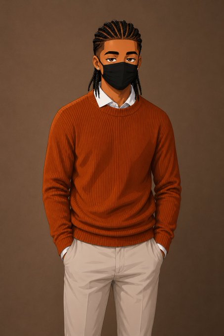 A digital illustration of a man with braided hair wearing a black face mask, a white collared shirt, and a rust-colored ribbed sweater, standing with his hands in his pockets against a brown background.