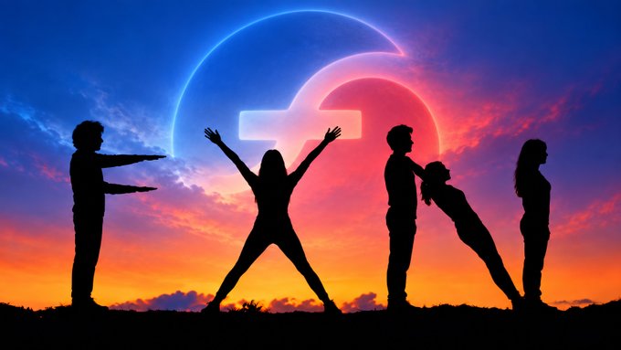 Silhouettes of five people stand against a vibrant sunset sky, with two figures pointing fingers at a person in the center who has their arms raised, while two other figures embrace nearby beneath a glowing circular symbol.