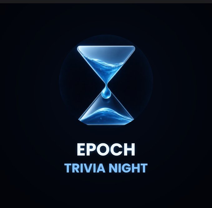 A promotional graphic displays a glowing blue hourglass logo above the text 'EPOCH TRIVIA NIGHT' against a dark background.