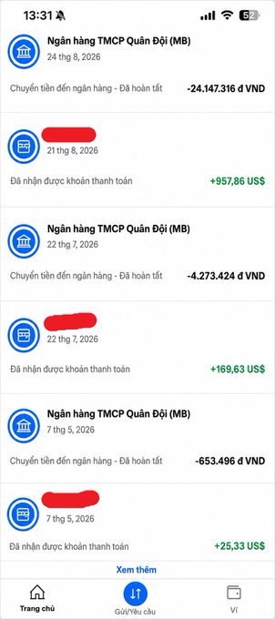A mobile banking transaction history in Vietnamese from 'Ngân hàng TMCP Quân Đội (MB)' showing transfers in VND and USD with some account details redacted.