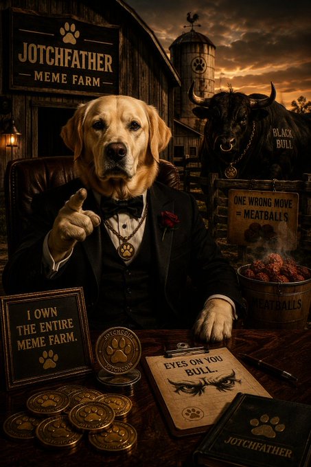 Meme artwork depicting a golden Labrador retriever dressed as a mob boss titled 'JOTCHFATHER MEME FARM,' sitting at a desk with meatball-themed items, coins, and a 'One Wrong Move = Meatballs' sign, with a black bull labeled 'Black Bull' in the background.