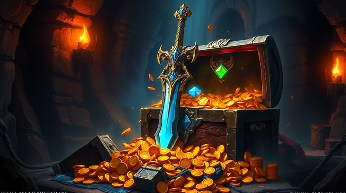 Fantasy artwork of a glowing blue sword stuck in a pile of gold coins spilling from a treasure chest in a torchlit dungeon.