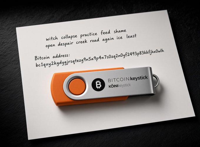 An orange and silver "BITCOINkeystick" device rests on a white card displaying a handwritten paper wallet mnemonic phrase and a Bitcoin address, illustrating the post's concept of cold storage where keys are generated offline for securing BTC without a traditional wallet.