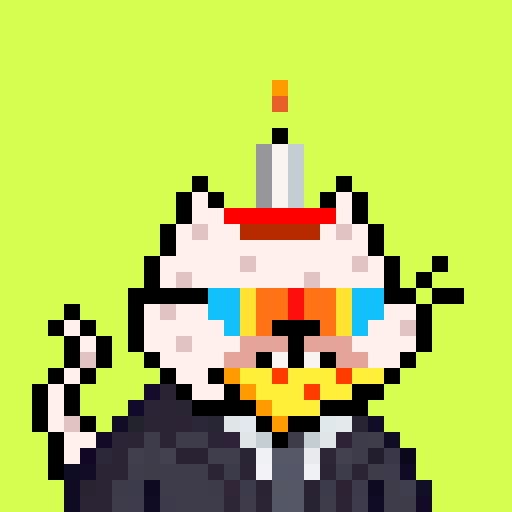 A pixel art illustration shows a chaotic, glitching character with pink skin, a yellow mustache, and a small antenna-like protrusion, set against a solid yellow-green background.