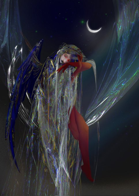 A surreal digital artwork depicts a winged figure draped in flowing, iridescent strands of multicolored light, set against a starry night sky with a glowing crescent moon. The ethereal, otherworldly composition evokes a mystical "gem" of cosmic beauty, aligning with the post's reference to something precious and striking.