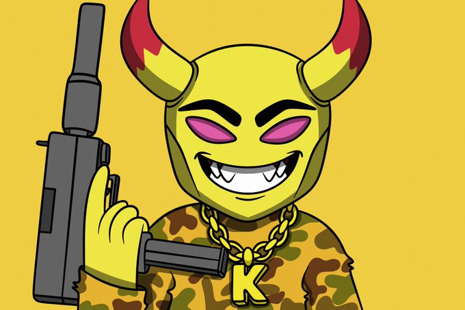 A cartoon illustration of a green-skinned devil character with red-tipped horns, pink eyes, fangs, and a gold 'K' chain necklace, wearing camouflage clothing and holding a large gun against a yellow background.