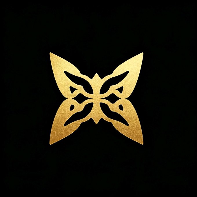 A golden, symmetrical butterfly-like logo with stylized wing patterns displayed against a black background.