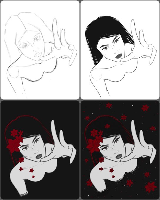 A four-panel art progression shows the creation of an illustration: starting with a rough pencil sketch of a woman reaching forward, then a clean black-and-white line drawing, followed by adding a black background with red floral accents, and finally a finished piece with a starry black background.