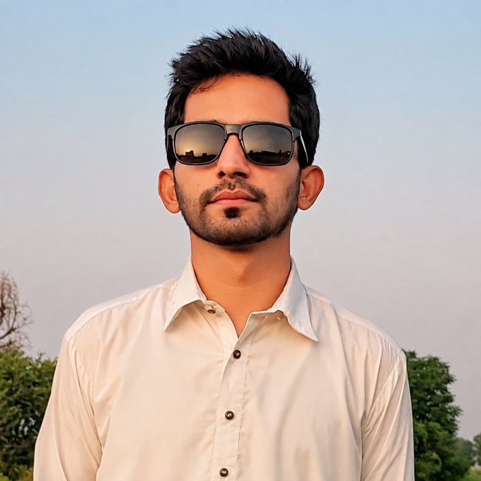 A portrait of a man with dark hair and a beard wearing sunglasses and a cream-colored button-up shirt against a sky backdrop.
