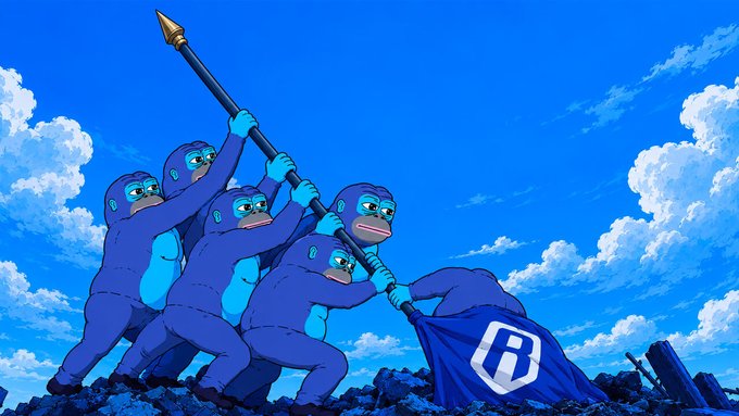 A group of cartoon blue gorillas work together to raise a flag bearing the "R" logo on a rocky outcrop beneath a bright sky. The image symbolizes community strength and unity, often associated with the Rally (RLY) cryptocurrency ecosystem.

Note: The post text was not provided ("..."), so I cannot describe how the image specifically relates to it. If you share the accompanying post, I can tailor the caption further.