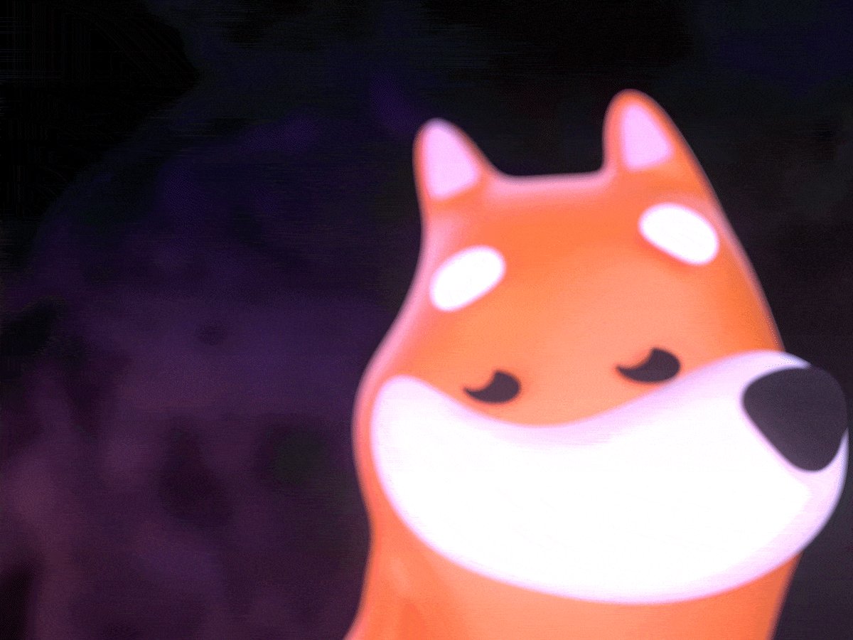 The image features a cartoon dog with white fur and pink ears, looking up towards the camera with its eyes closed. The background of the image is dark purple, creating an interesting contrast with the bright colors of the dog's fur. The text "BONKUJI" can be seen in the image as well.