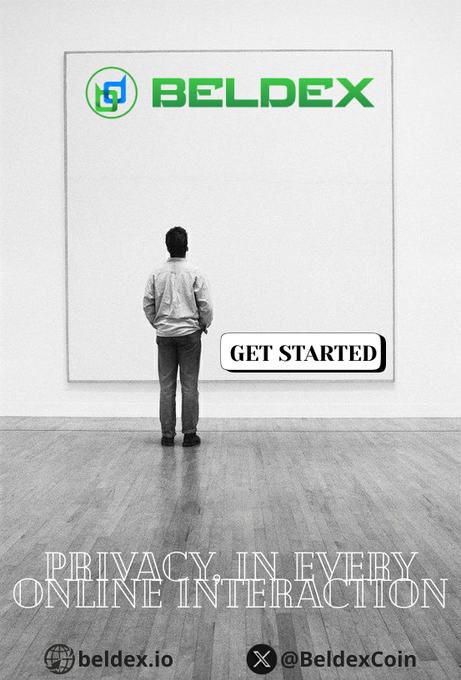 The image shows a man standing before a large white wall displaying the "BELDEX" logo and a "GET STARTED" button, with the tagline "PRIVACY IN EVERY ONLINE INTERACTION" at the bottom along with the website beldex.io and @BeldexCoin social handle. The visual reinforces the post's message by depicting someone confronting a blank digital space, symbolizing how Beldex offers users a clean, private alternative in an otherwise invasive online environment.