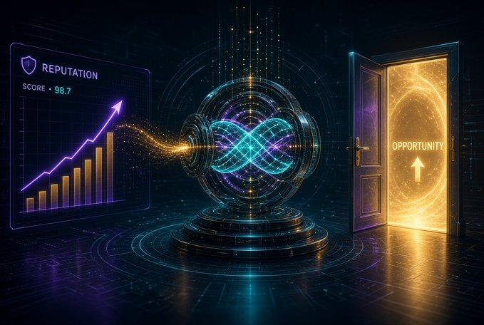 A digital illustration featuring a glowing reputation score of 98.7 with an upward arrow chart on the left, an infinity symbol device in the center emitting particles, and a glowing golden door labeled 'OPPORTUNITY' on the right.