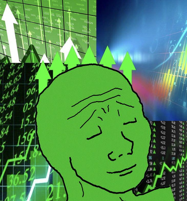 A green-tinted illustration of a contemplative figure's face is set against a background of financial charts, numbers, and upward-pointing arrows.
