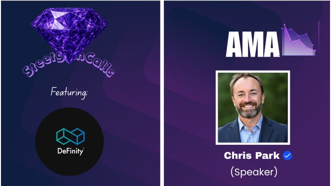 A promotional graphic for an AMA (Ask Me Anything) event titled 'Sheesh AMA calls,' featuring DeFinity and speaker Chris Park. A large purple diamond illustration appears on the left side.