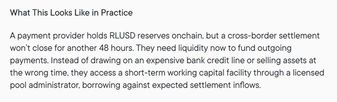 A text excerpt titled 'What This Looks Like in Practice' describing how a payment provider holding RLUSD reserves onchain can access short-term working capital through a licensed pool administrator while waiting for cross-border settlement to close.