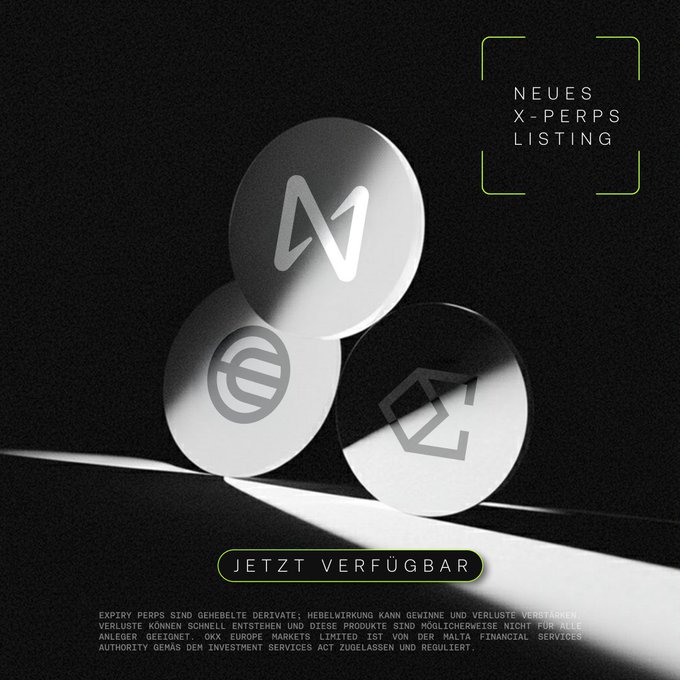 The image features three coins stacked on top of each other, with a green frame surrounding them. The text "3 neue X-Perps sind live!" is displayed above the coins, indicating that there are currently three new coins available for trading. The post also mentions the term "New Money" and provides information about the trading platform.