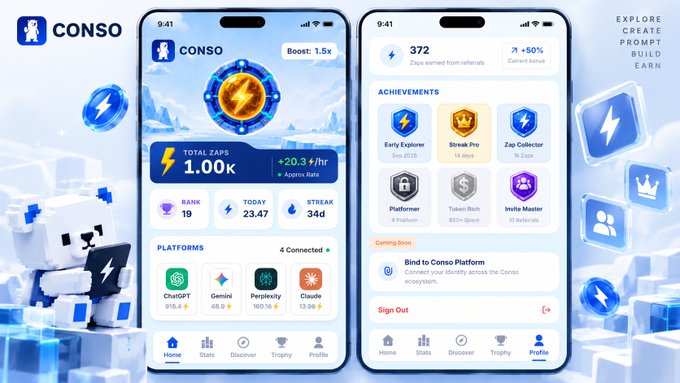 A promotional mockup for the 'CONSO' app shows two phone screens featuring gaming stats, achievements, and connected platforms like ChatGPT, Gemini, and Perplexity.