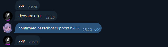 A Discord chat screenshot showing four messages confirming "b20" support, including "devs are on it" and "confirmed basedbot support b20," verifying the trading availability mentioned in the post about trading b20 mainnet on basedbot.