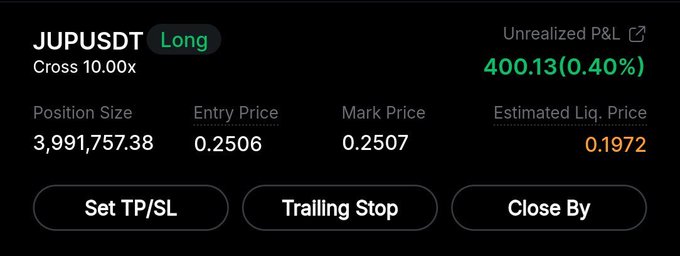 A cryptocurrency trading interface shows a long position on JUPUSDT with 10.00x cross leverage, a position size of 3,991,757.38, entry price 0.2506, mark price 0.2507, estimated liquidation price 0.1972, and an unrealized P&L of 400.13 (0.40%).