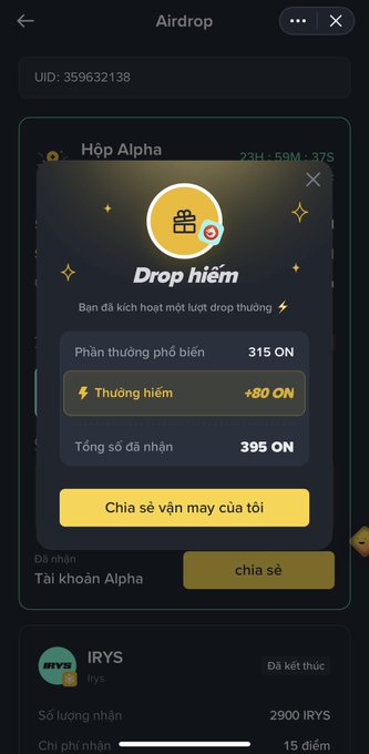 A Vietnamese-language app screen showing an 'Airdrop' feature with 'Drop hiếm' (Rare Drop) notification, awarding 315 ON common reward and +80 ON rare bonus, totaling 395 ON, with a 'Hộp Alpha' timer showing 23H 59M 37S and UID 359632138.