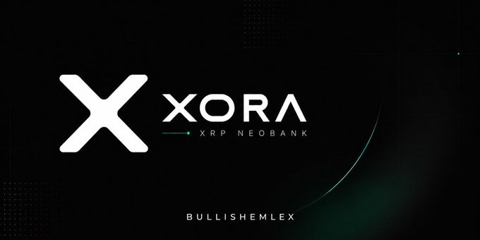 A dark promotional graphic for 'XORA' branded as 'XRP NEOBANK' with 'BULLISHEMLEX' text at the bottom, featuring a stylized X logo with green accents on a black background.