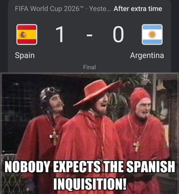 A meme showing a FIFA World Cup 2026 scorecard with Spain defeating Argentina 1-0 after extra time, paired with the classic "Nobody Expects the Spanish Inquisition!" Monty Python image below. The accompanying crypto promotion text appears unrelated to the image, as the meme humorously references Spain's surprise victory rather than any Solana memecoin launch.