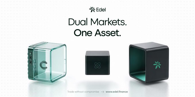 An advertisement for 'Edel' reads 'Dual Markets. One Asset.' with 'Trade without compromise → www.edel.finance' at the bottom, showing three cubic devices.