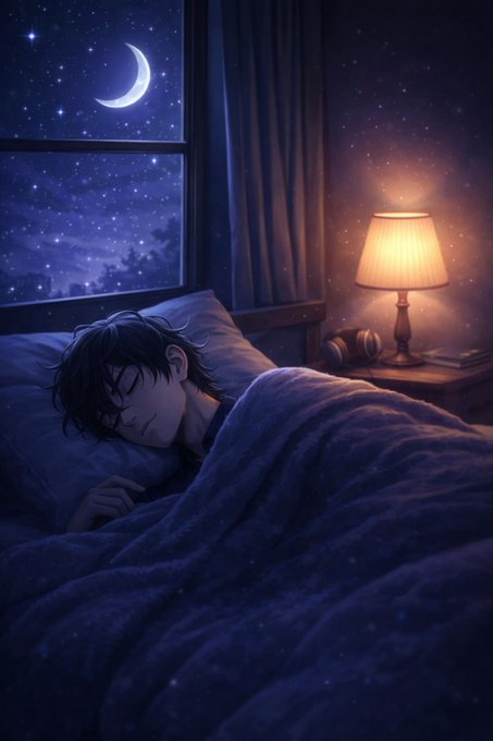 An anime-style illustration of a young person with dark hair sleeping in a blue bed, illuminated by a bedside lamp under a window showing a crescent moon and starry night sky.