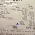 A receipt from a restaurant shows a total of 36,550 TL (Turkish Lira), with menu items and prices listed above, including beverages like "Rakı" and "Kadeh," relevant to the Turkish post asking whether people check the price list before sitting down at a venue.