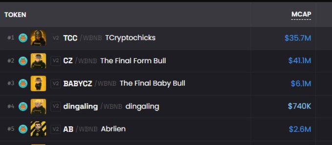 A dark-themed token market cap leaderboard showing #1 TCC (TCryptochicks) $35.7M, #2 CZ $41.1M, #3 BABYCZ $6.1M, #4 dingaling $740K, and #5 AB (Abrien) $2.6M, all on WBNB.