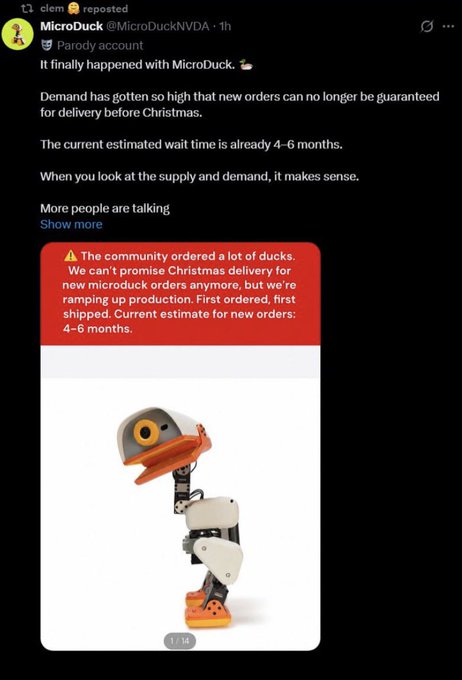 The image shows a reposts from MicroDuck (@MicroDuckNVDA) announcing that due to overwhelming demand, new orders can no longer be guaranteed for Christmas delivery, with current estimated wait times of 4-6 months. The post includes a photo of the company's robotic duck product. This aligns with the caption's commentary about the CEO's active engagement with the memecoin community, suggesting the viral demand and community hype is a bullish sign for the token.
