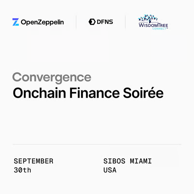 An event flyer for the 'Convergence Onchain Finance Soirée' on September 30th in Miami, USA, featuring logos for OpenZeppelin, DFNS, and WisdomTree Connect.
