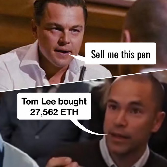 A two-panel meme referencing the famous 'Sell me this pen' scene from The Wolf of Wall Street, with Leonardo DiCaprio asking to be sold a pen and the reply showing Tom Lee having bought 27,562 ETH.