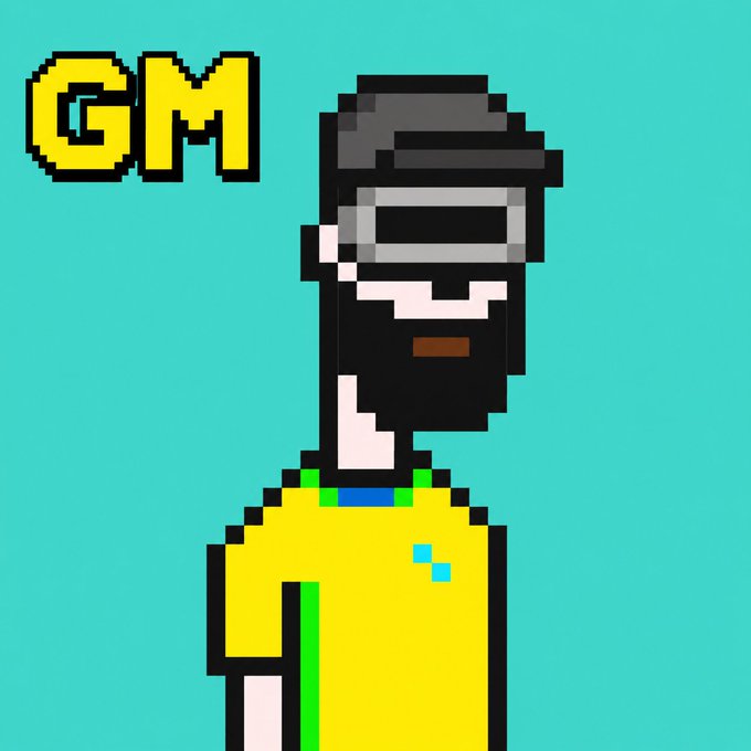 A pixel art style image of a dark-skinned character wearing a VR headset and yellow shirt with 'GM' text in the upper left corner on a teal background.