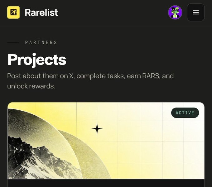 Screenshot of the Rarelist website showing a 'Partners Projects' section with text 'Post about them on X, complete tasks, earn RARS, and unlock rewards.'