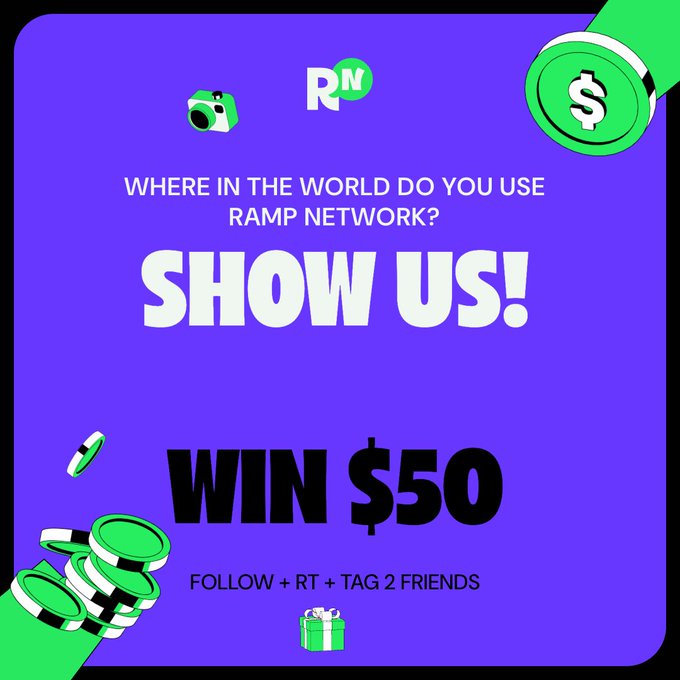 A promotional graphic for Ramp Network with a purple background, asking 'WHERE IN THE WORLD DO YOU USE RAMP NETWORK? SHOW US!' to 'WIN $50' by following, retweeting, and tagging two friends, featuring scattered 3D coins and gift icons.